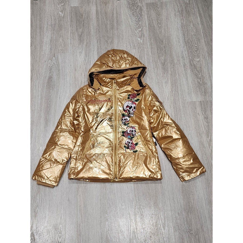 Ed Hardy By Christian Andigier Womens Puffer Jacket Skull Rose Gold Size M